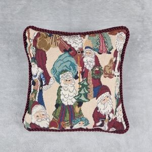 Vintage Tapestry Folk Santa Claus Christmas Emarald Green Throw Pillow 11”x11”